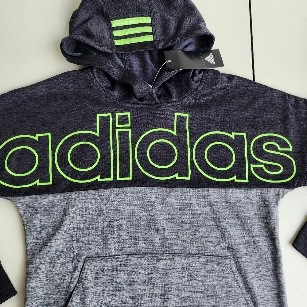 NWT Adidas Charcoal Gray Green Logo Pullover Fleece Hoodie Kids M (10-12)